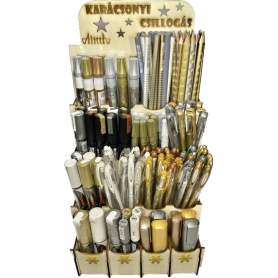 Fa display KARÁCSONYI CSILLOGÁS Arany ezüst bronz fehér, tollak ceruzák markerek Alapterülete: 22x17cm magassága: 40cm